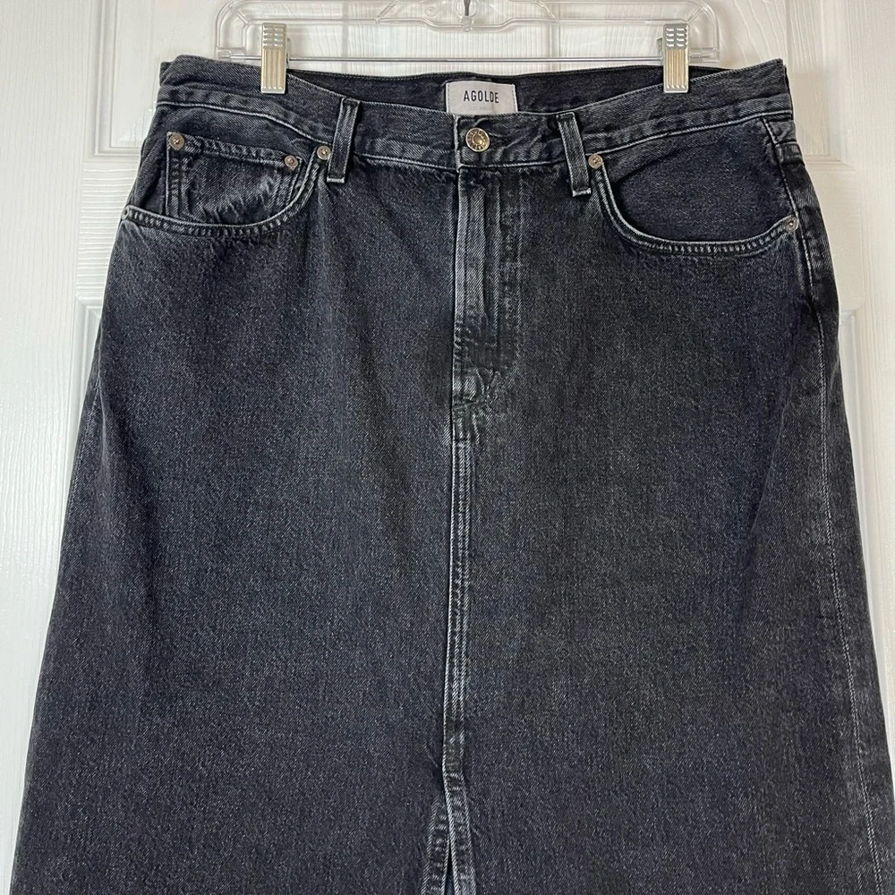 Agolde Leif Front Slit Black Denim Maxi Skirt Size 29